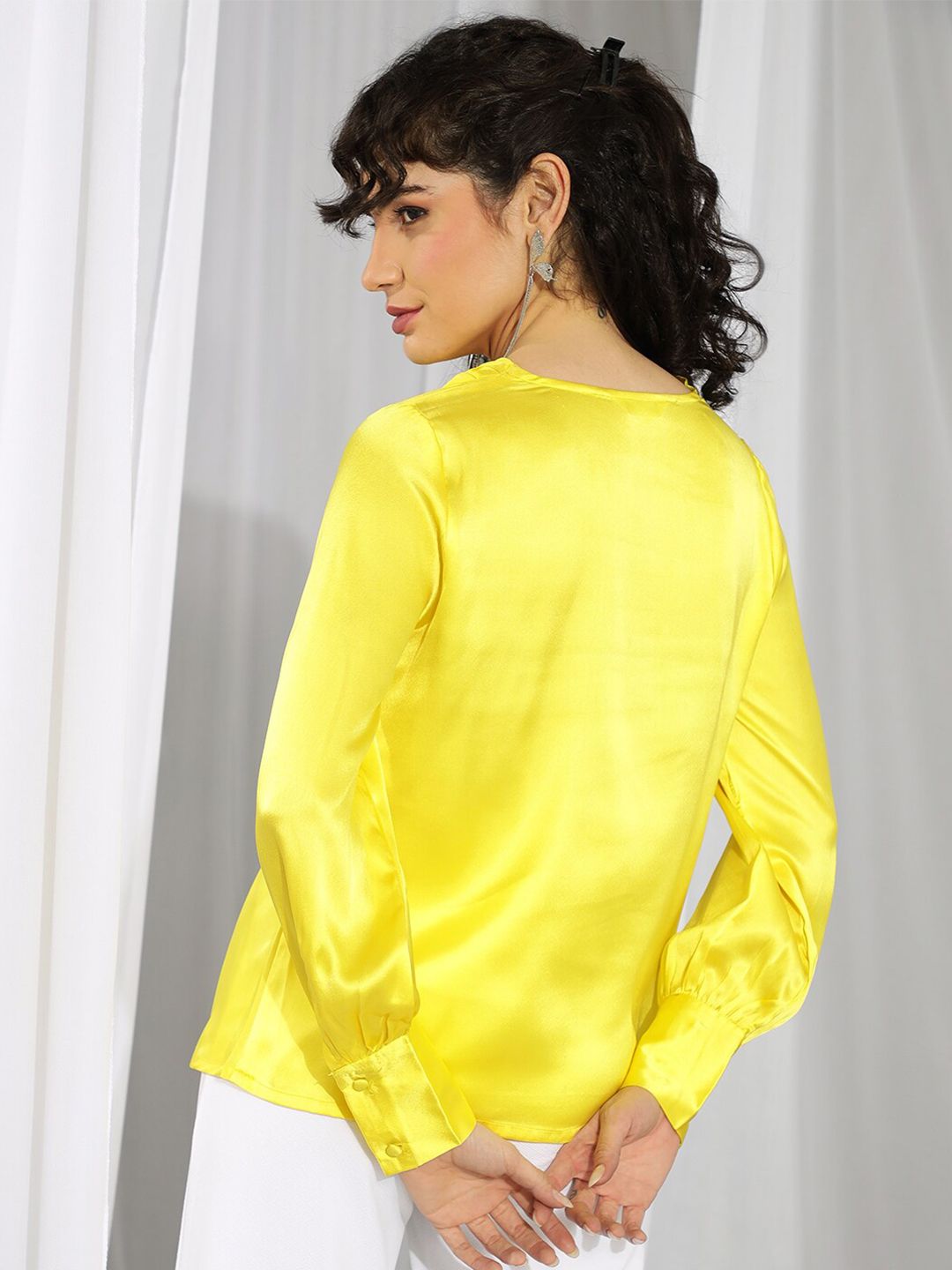 Kotty Yellow Cowl Neck Cuffed Sleeves Satin Top