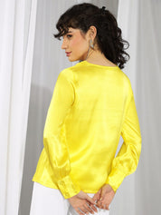 Kotty Yellow Cowl Neck Cuffed Sleeves Satin Top