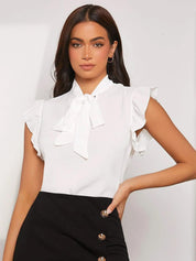 Kotty White Tie-Up Neck Flutter Sleeves Regular Top