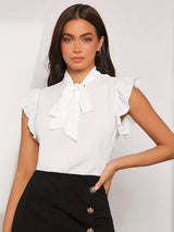 Kotty White Tie-Up Neck Flutter Sleeves Regular Top