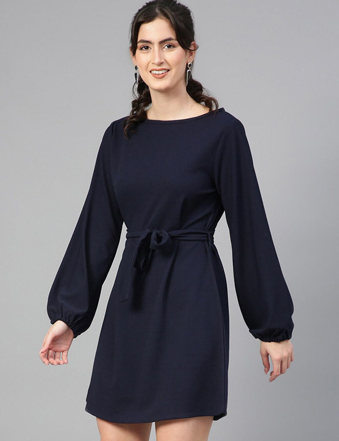 Kotty Navy Blue Puff Sleeves A-Line Dress With Belt