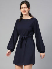 Kotty Navy Blue Puff Sleeves A-Line Dress With Belt