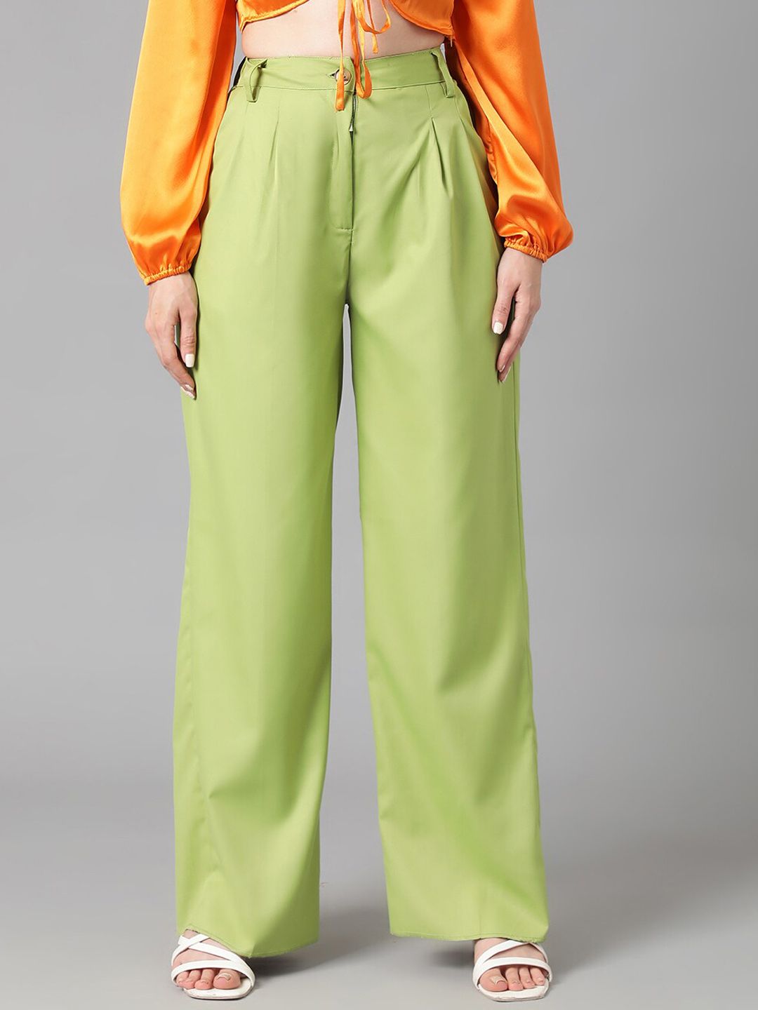 Kotty Women Green Relaxed Straight Leg Straight Fit High-Rise Easy Wash Pleated Trousers