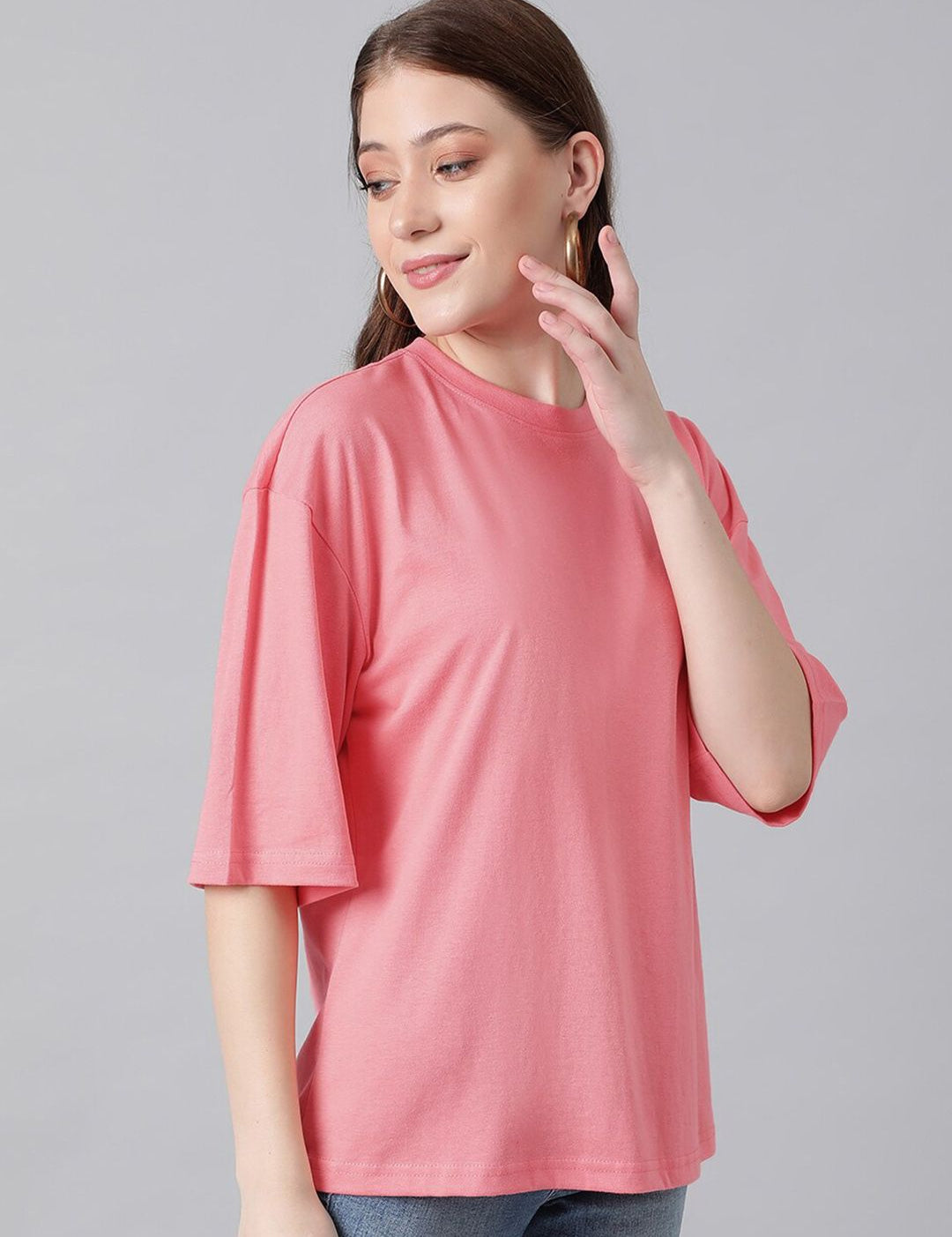 KOTTY Basics Round Neck Drop-Shoulder Sleeves Oversized Fit Cotton T-Shirt