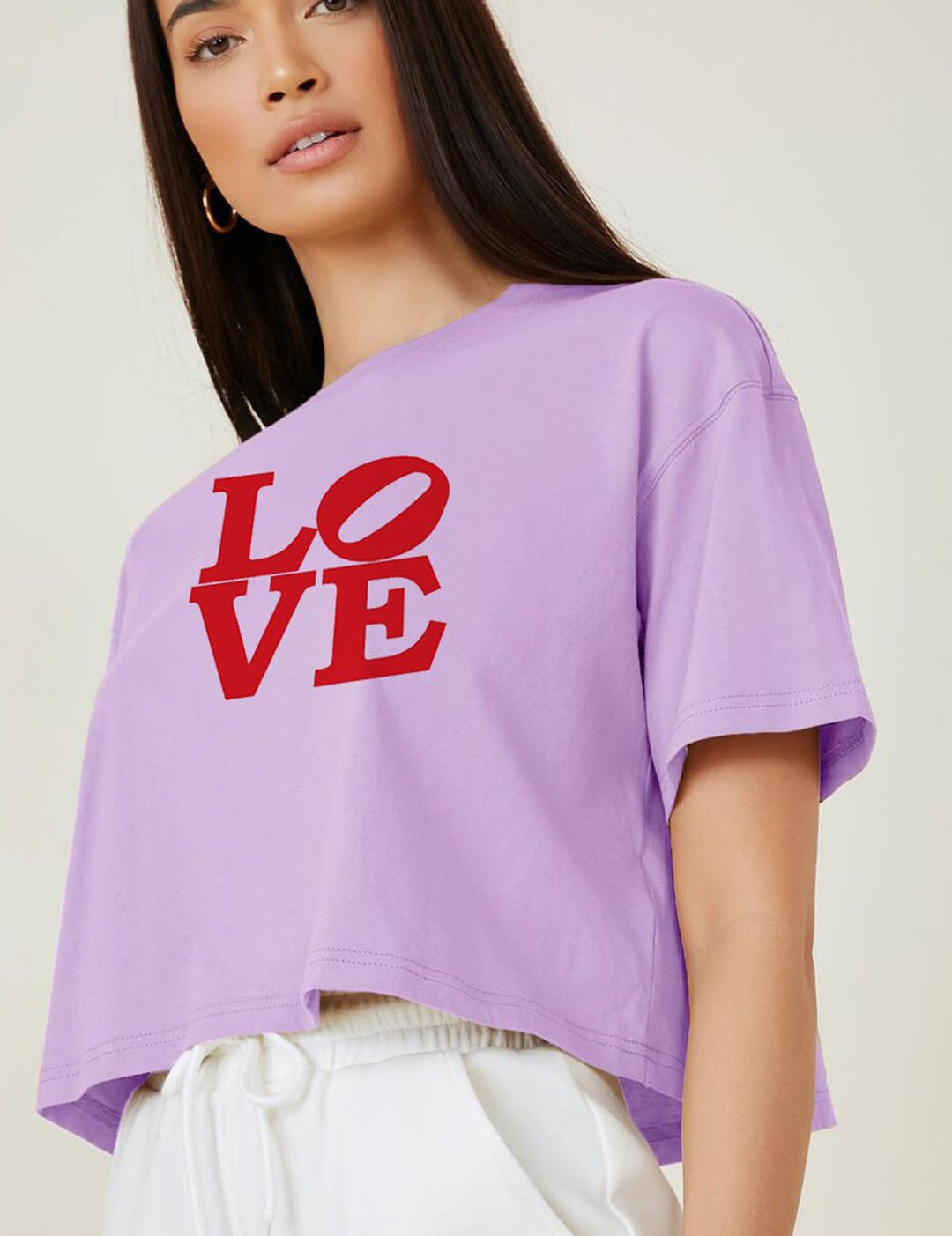 Kotty Purple Typography Printed Drop-Shoulder Sleeves Cotton Oversized Crop T-shirt