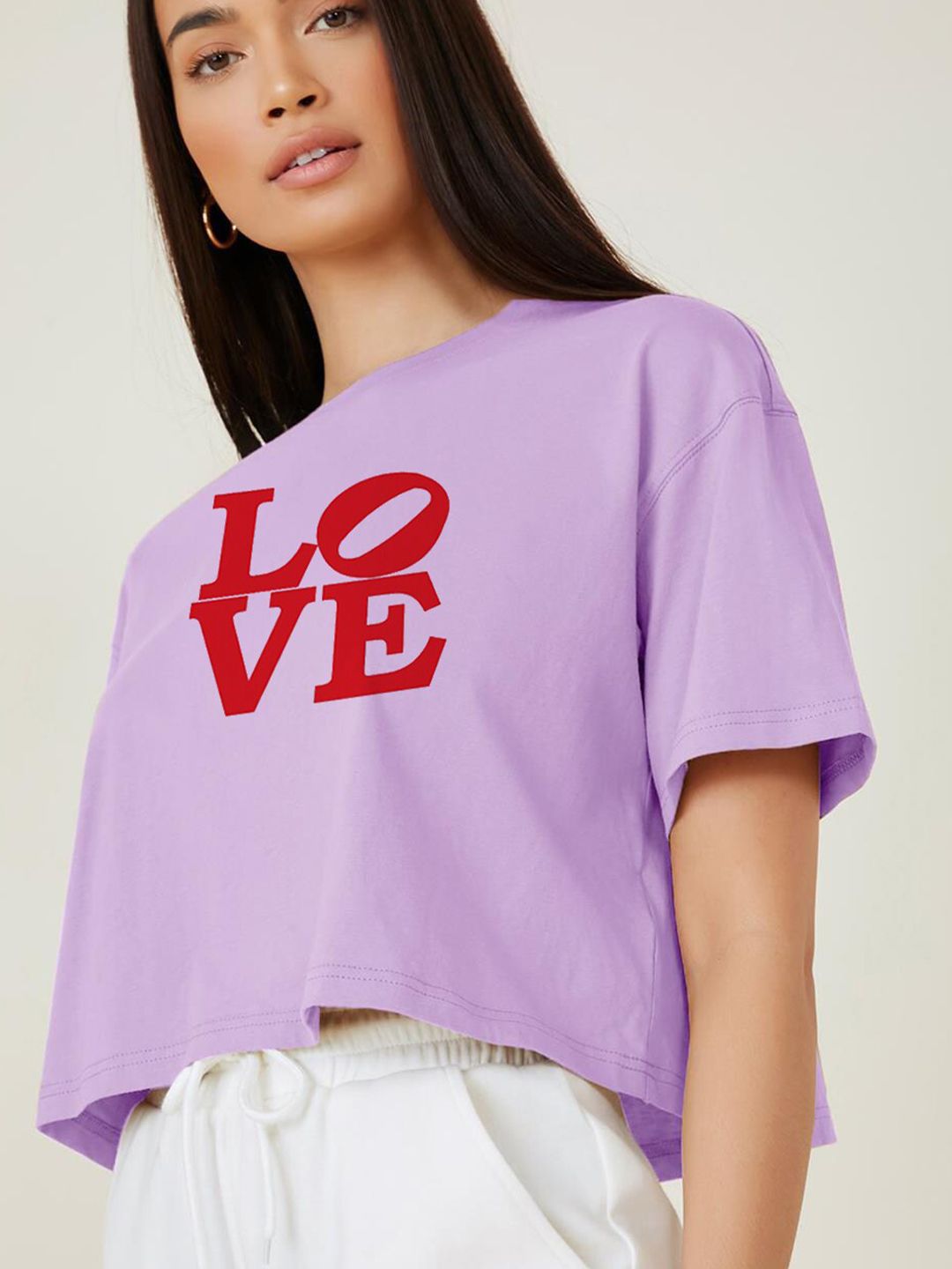 Kotty Purple Typography Printed Drop-Shoulder Sleeves Cotton Oversized Crop T-shirt