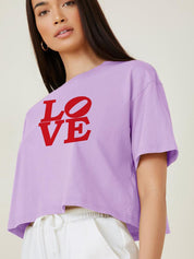 Kotty Purple Typography Printed Drop-Shoulder Sleeves Cotton Oversized Crop T-shirt