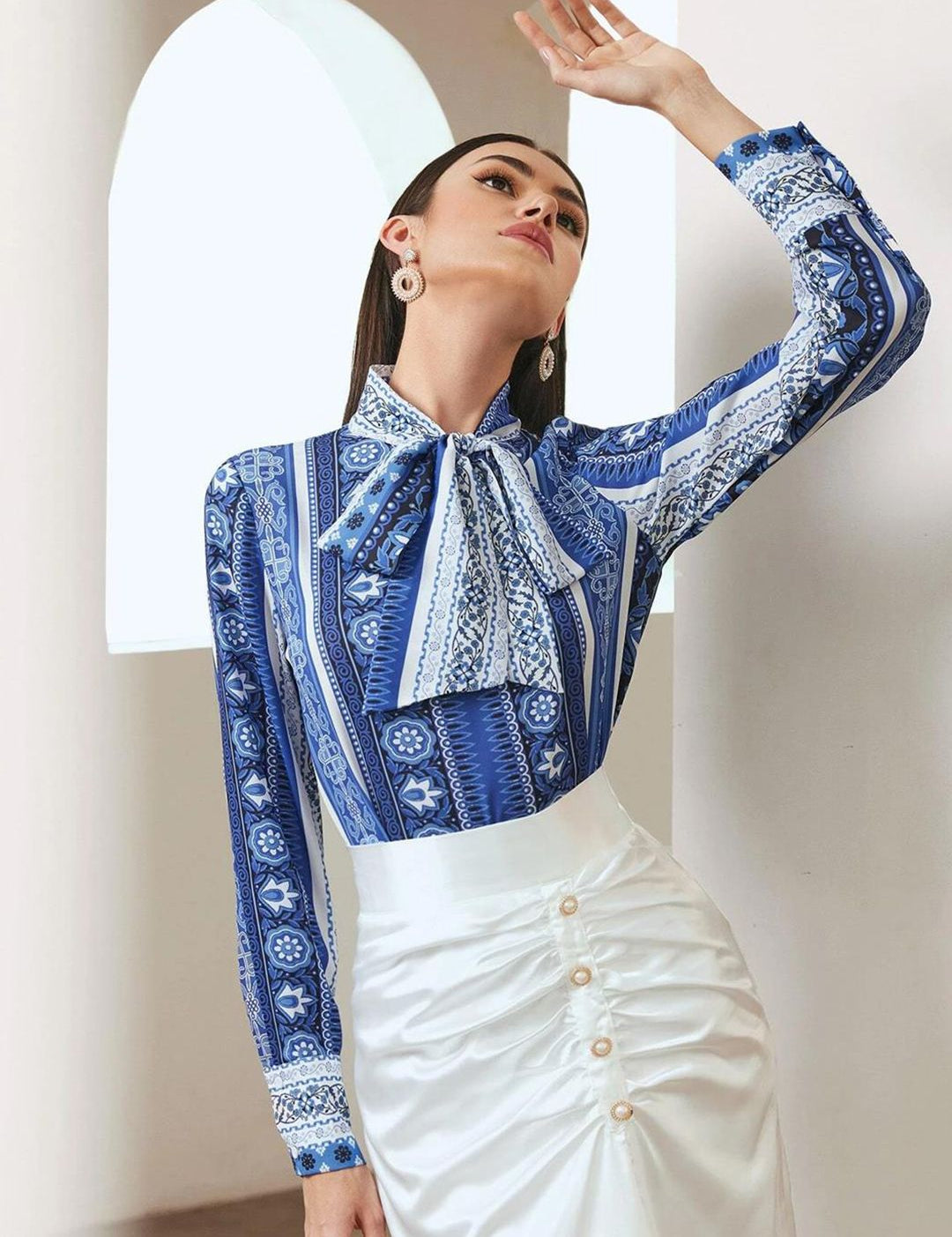 Kotty Print Tie-Up Neck Crepe Shirt Style Top