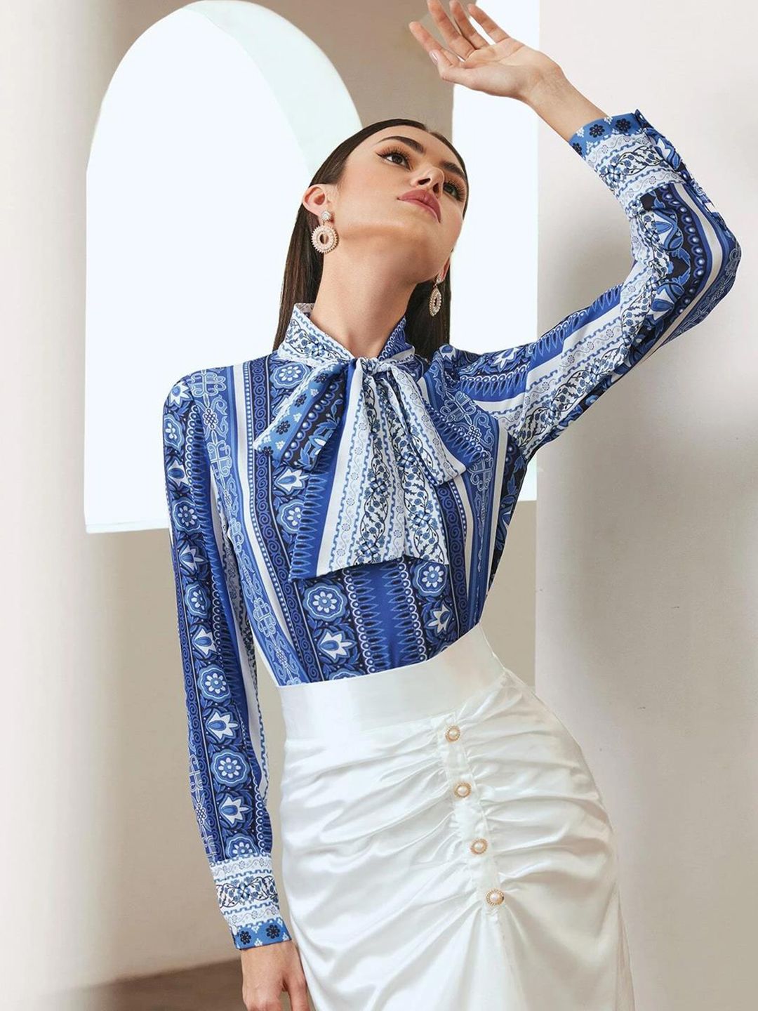 Kotty Print Tie-Up Neck Crepe Shirt Style Top