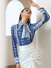 Kotty Print Tie-Up Neck Crepe Shirt Style Top