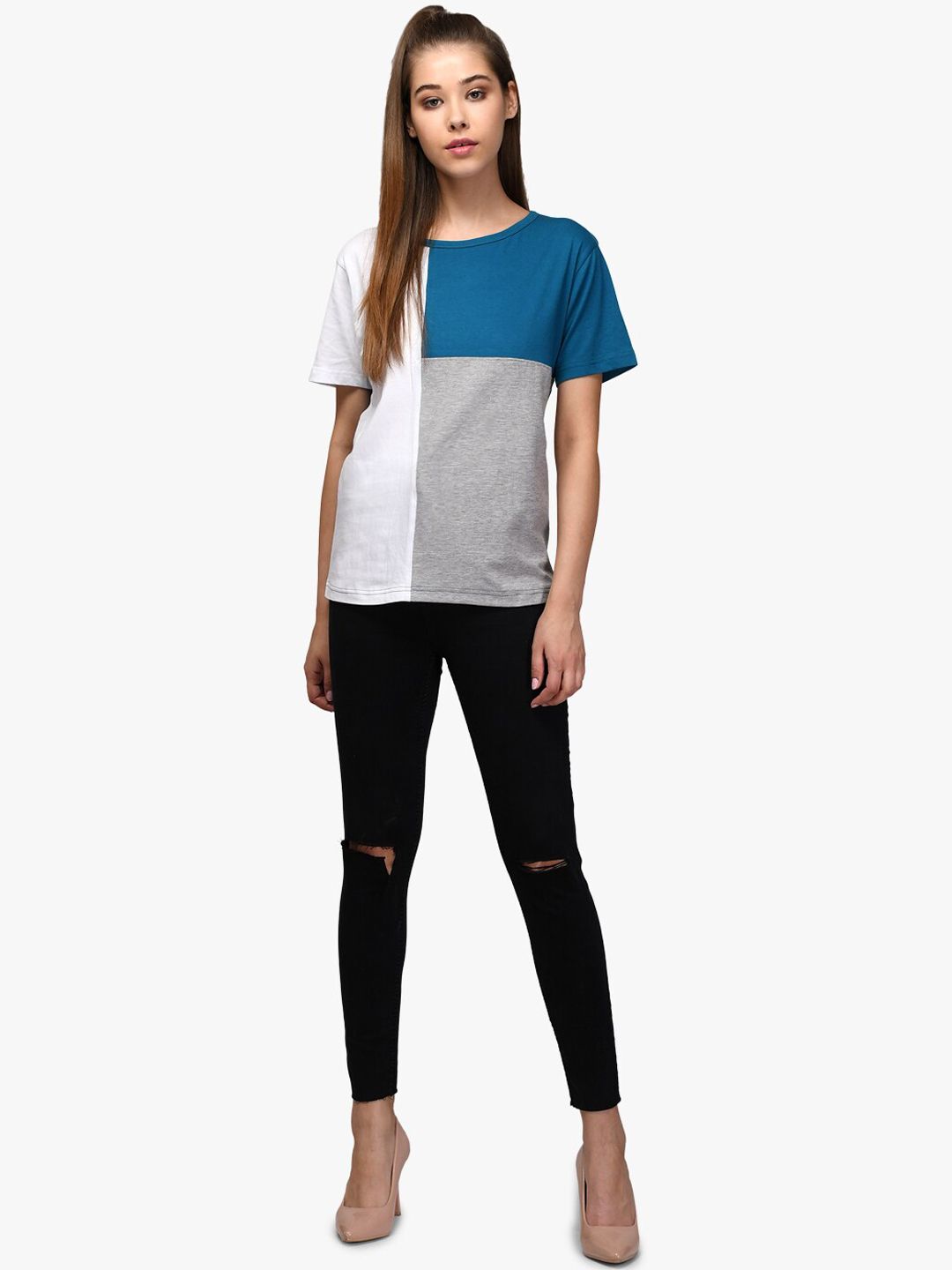 Kotty Women Blue & Grey Colourblocked Round Neck T-shirt