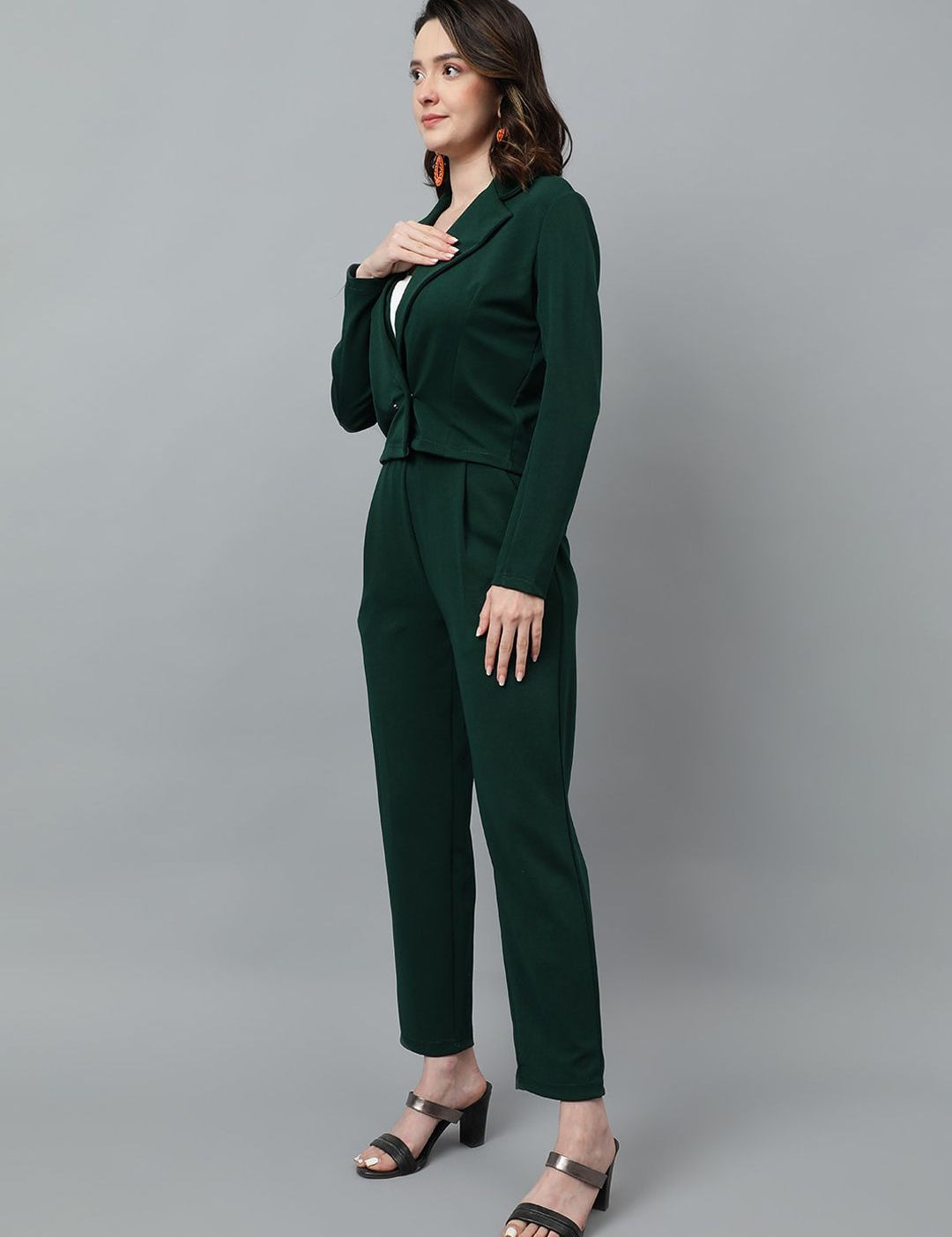 KOTTY BIZwear Green Notched Lapel Collar Blazer & Mid Rise Trouser