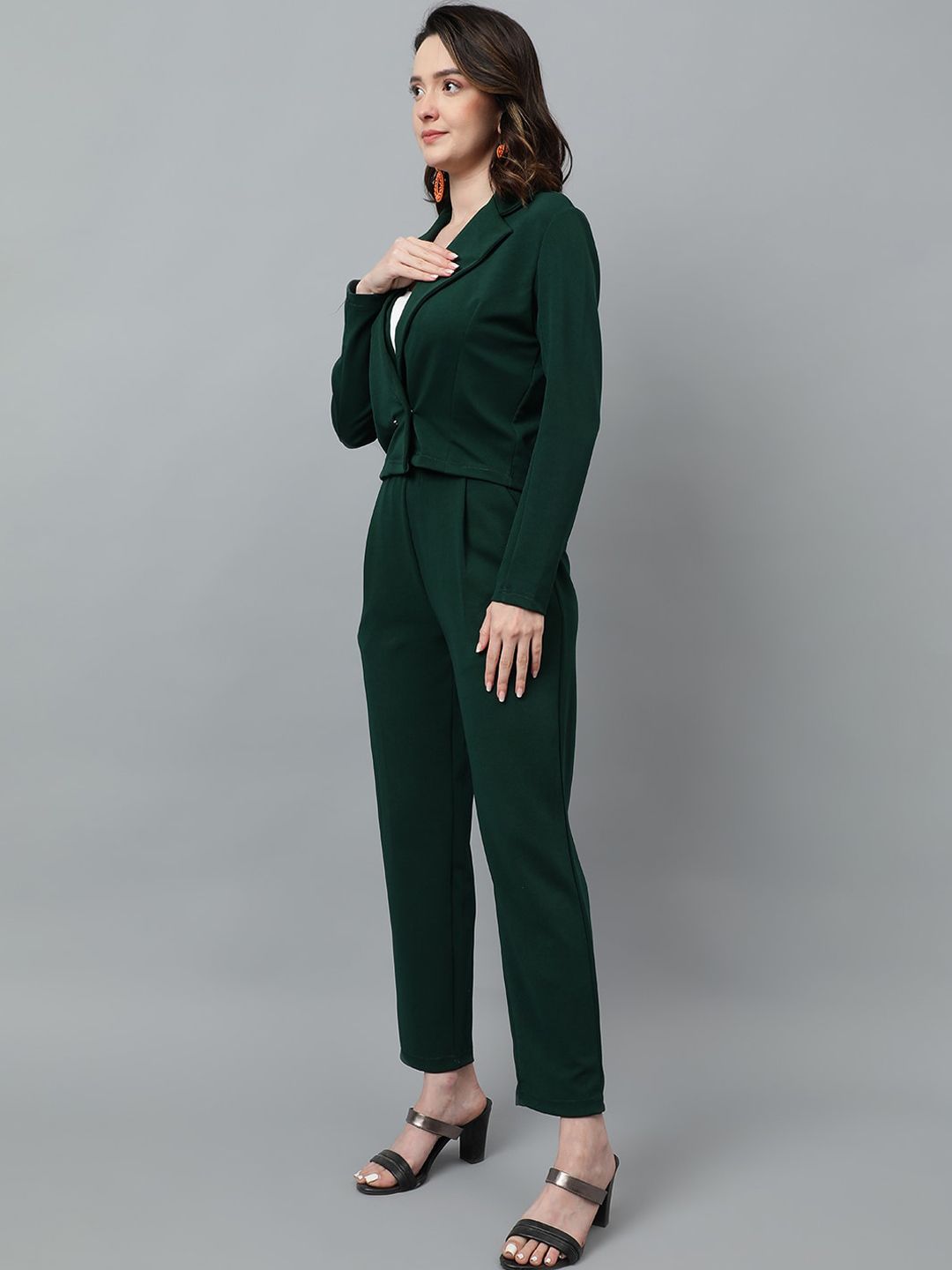 KOTTY BIZwear Green Notched Lapel Collar Blazer & Mid Rise Trouser