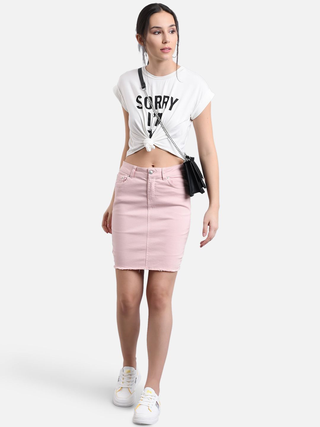 Kotty Women Pink Solid Denim Pencil Mini Skirt