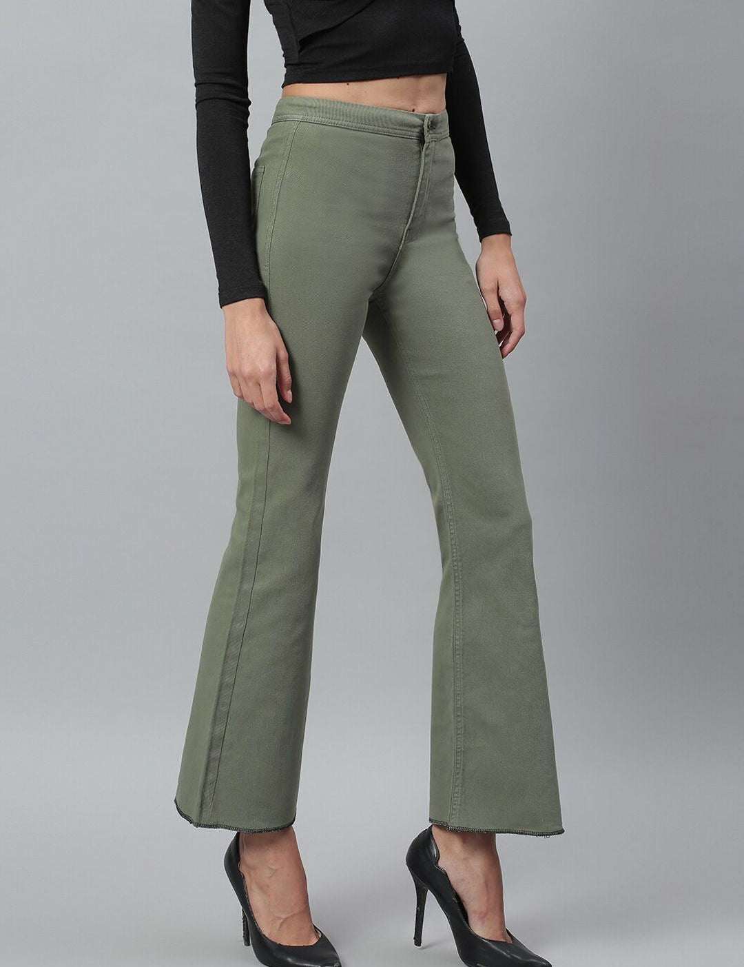 Kotty Women Olive Green Flared High-Rise Stretchable Jeans