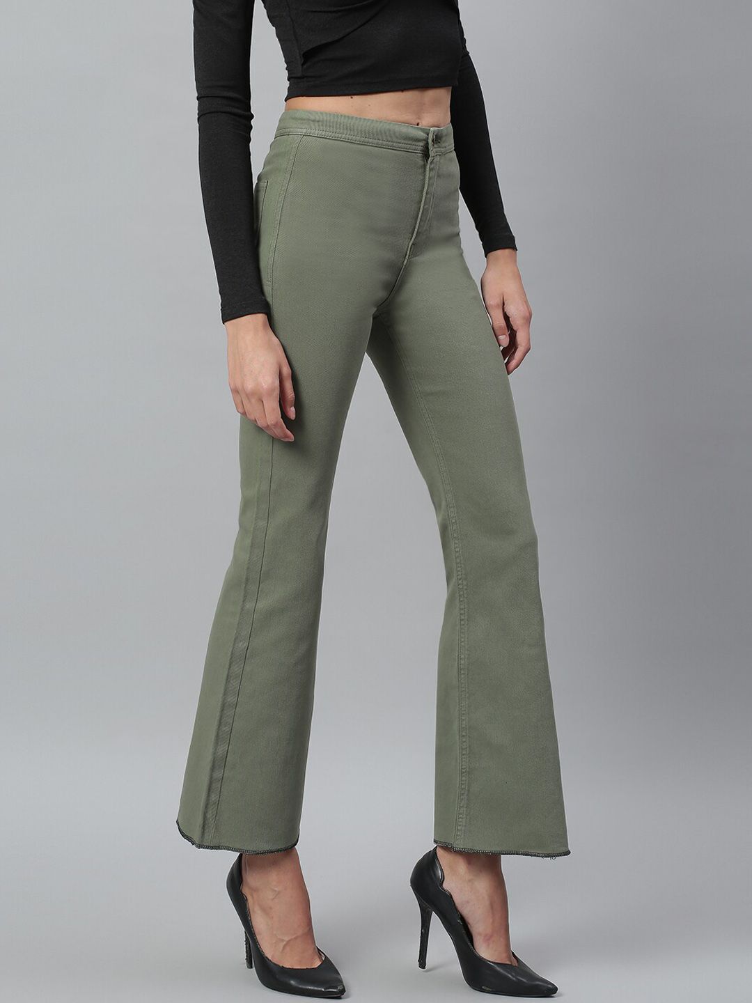 Kotty Women Olive Green Flared High-Rise Stretchable Jeans
