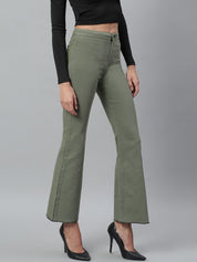 Kotty Women Olive Green Flared High-Rise Stretchable Jeans