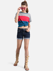 Kotty Women Blue & Grey Colourblocked Round Neck T-shirt
