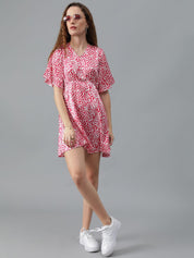 Kotty Red bstract Printed Flared Sleeves Satin A-Line Mini Dress