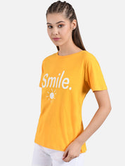 Kotty Women Yellow Printed Round Neck T-shirt