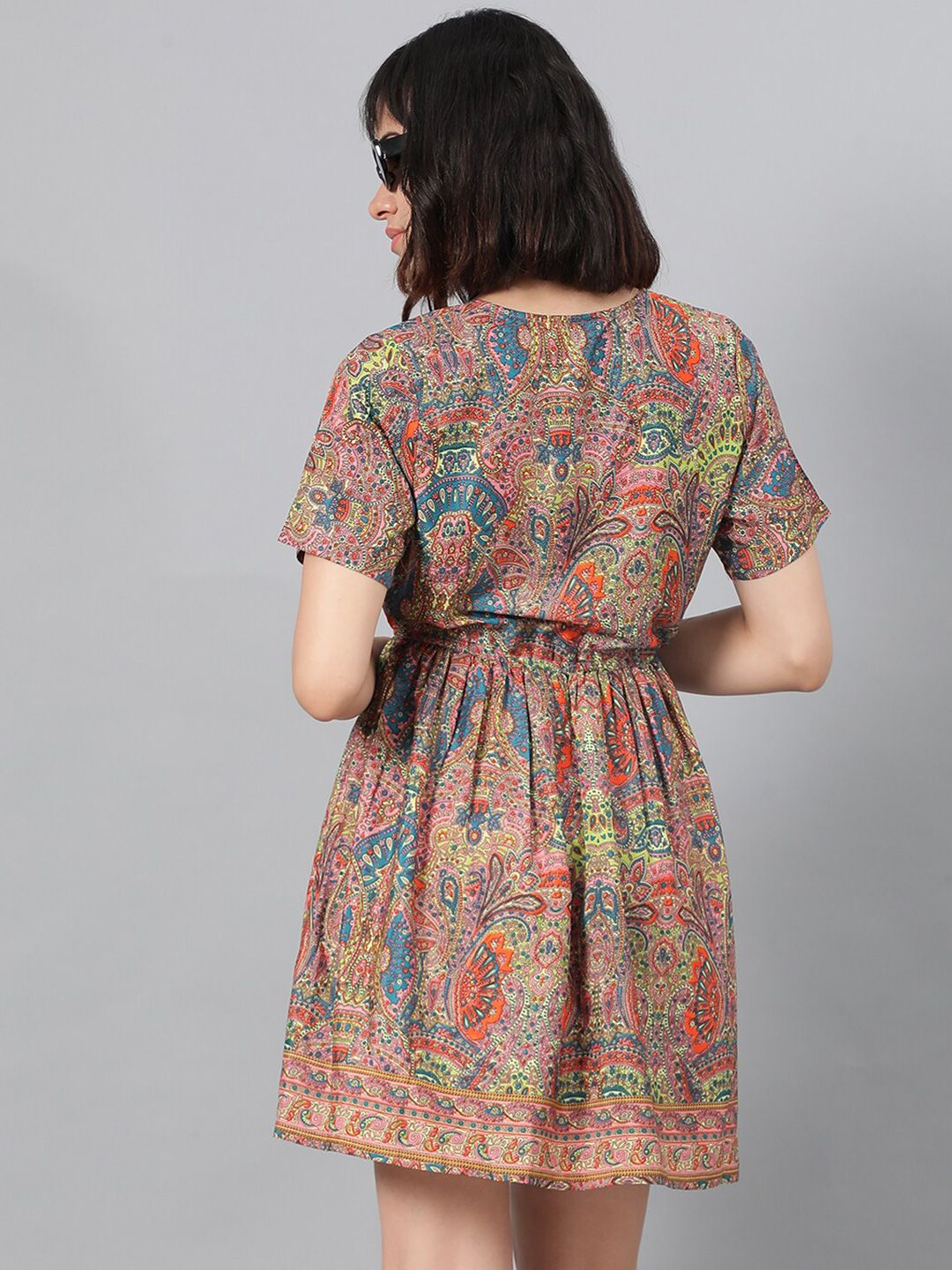 Kotty Pink Ethnic Motif Printed Fit & Flare Mini Dress