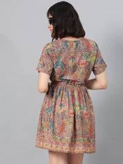 Kotty Pink Ethnic Motif Printed Fit & Flare Mini Dress