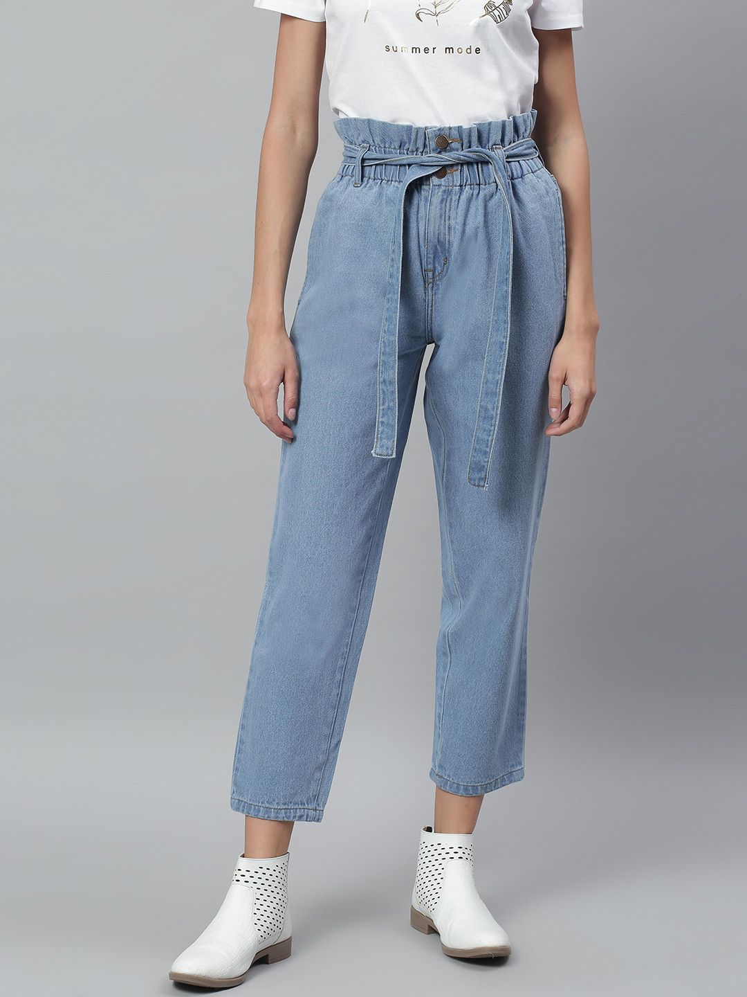 Kotty Women Blue Boyfriend Fit High-Rise Cotton Clean Look Jeans