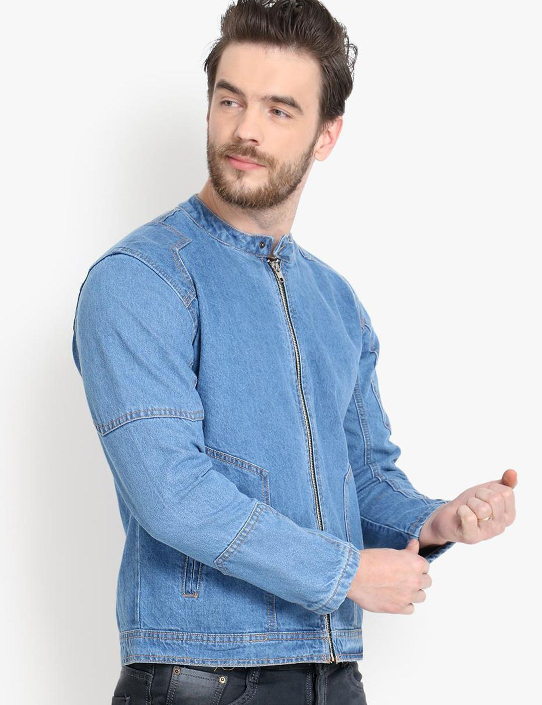 Kotty Men Blue Printed Biker Jacket