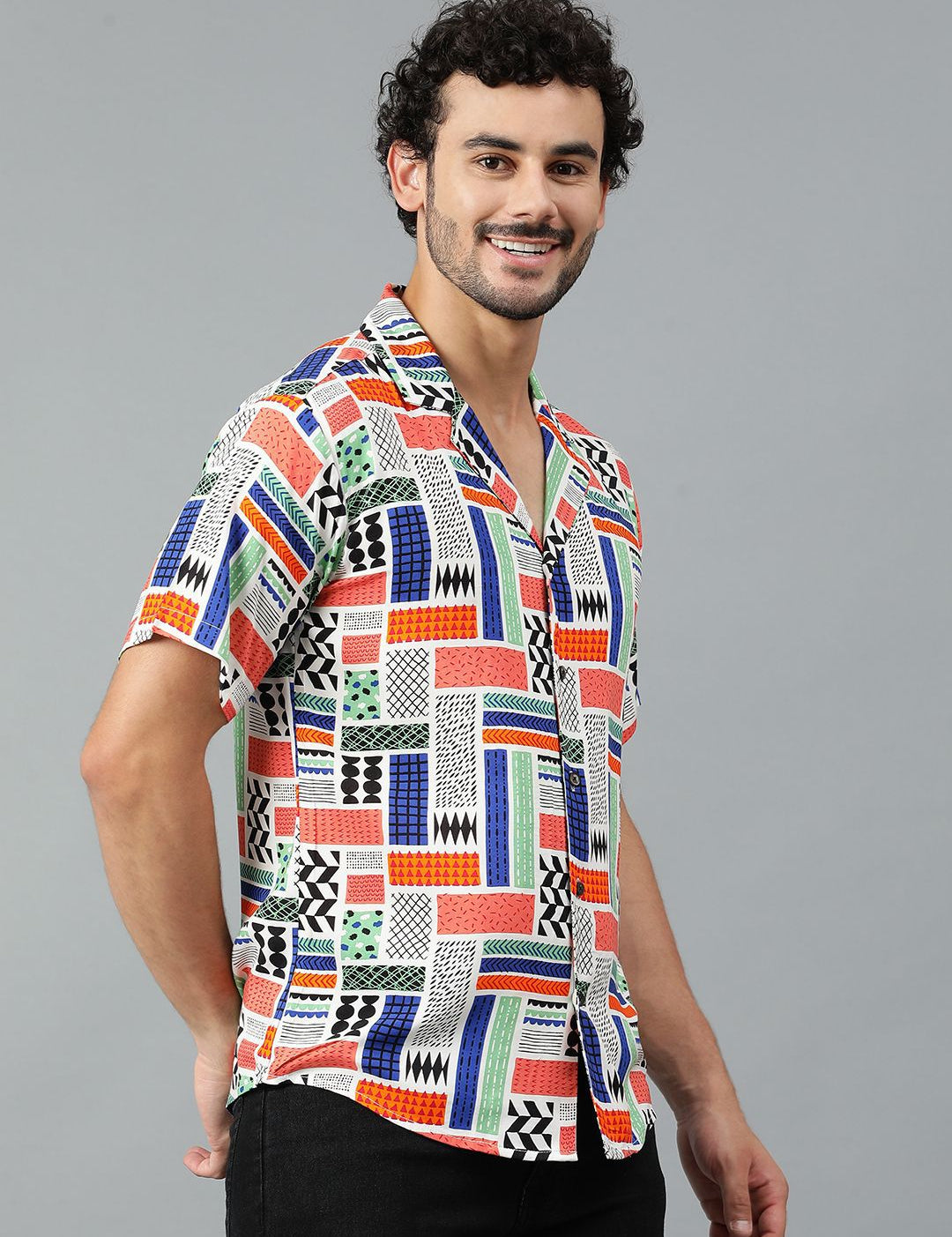 Kotty Men Cuban Collar Abstract Printed Casual Shirt