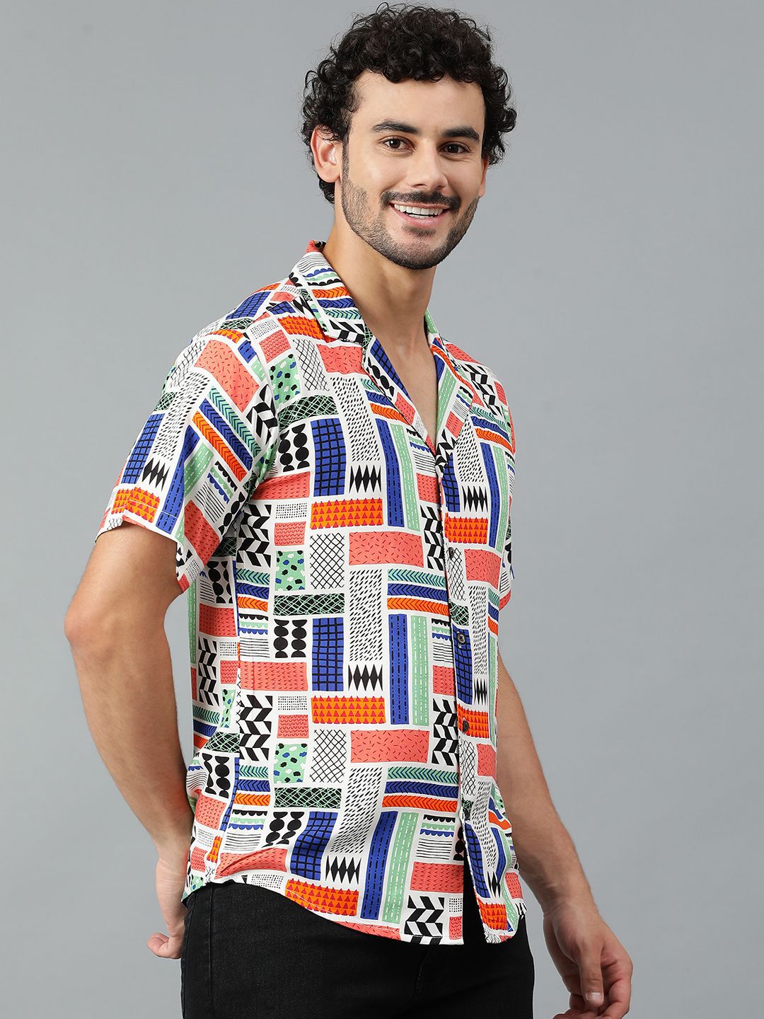 Kotty Men Cuban Collar Abstract Printed Casual Shirt
