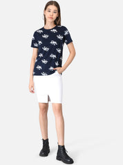 Kotty Women Navy Blue Printed Round Neck T-shirt