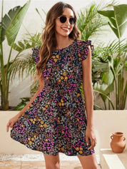Kotty Black Floral Printed Flutter Sleeves Fit & Flare Dress