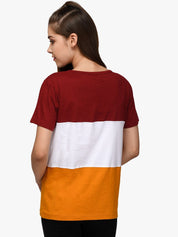 Kotty Women Red & White Colourblocked Round Neck T-shirt