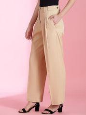 Kotty Women Solid Straight Fit Mid-Rise Pleated Parallel Trousers