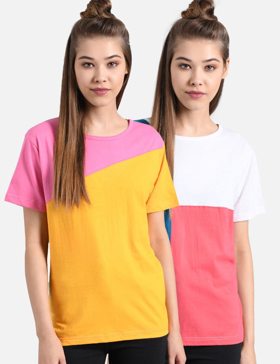 Kotty Women Pink & Yellow Pack of 2 Colourblocked Round Neck T-shirt
