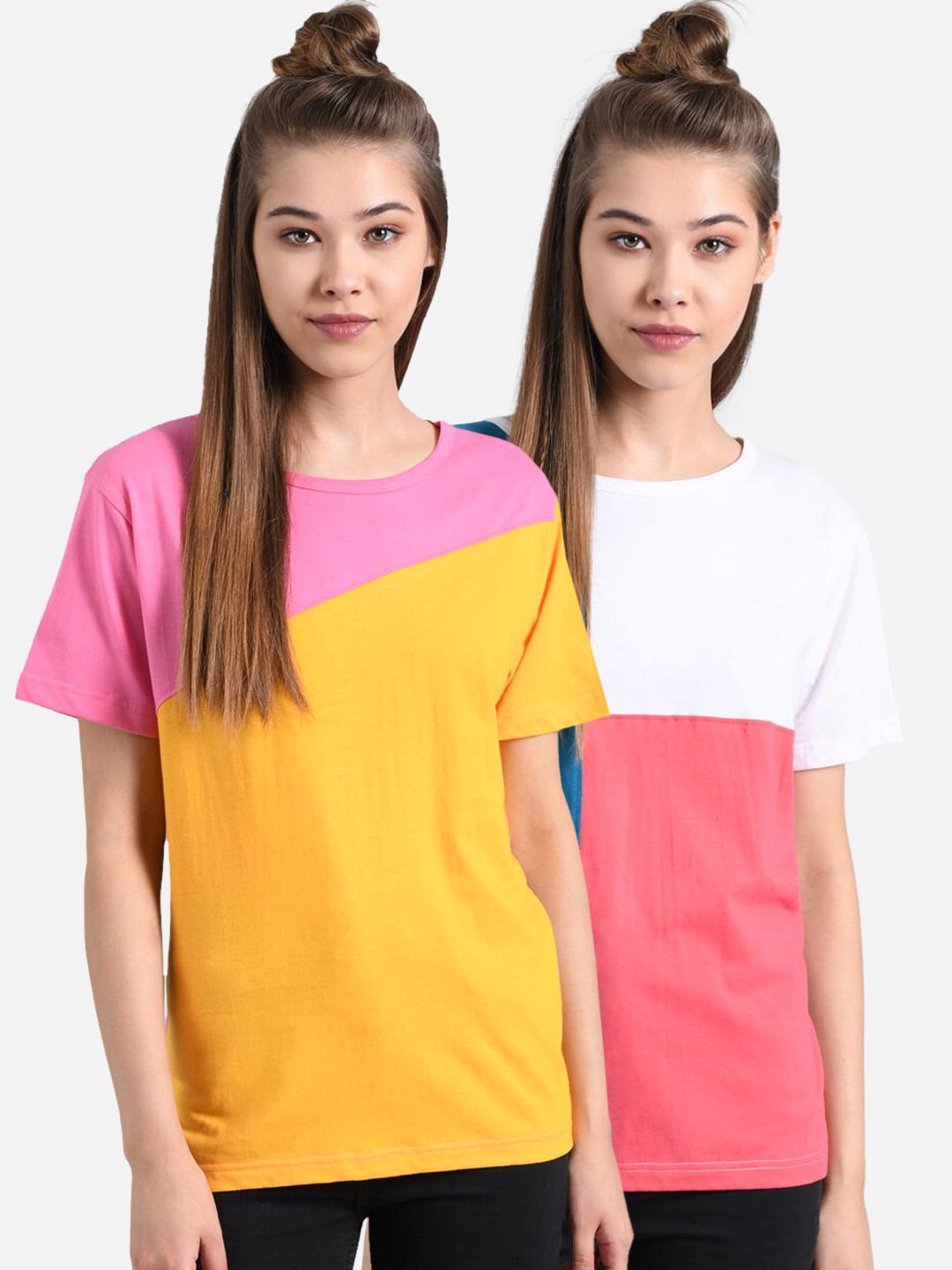 Kotty Women Pink & Yellow Pack of 2 Colourblocked Round Neck T-shirt