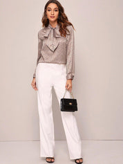 Kotty Pink Polka Dots Print Tie-Up Neck Satin Shirt Style Top