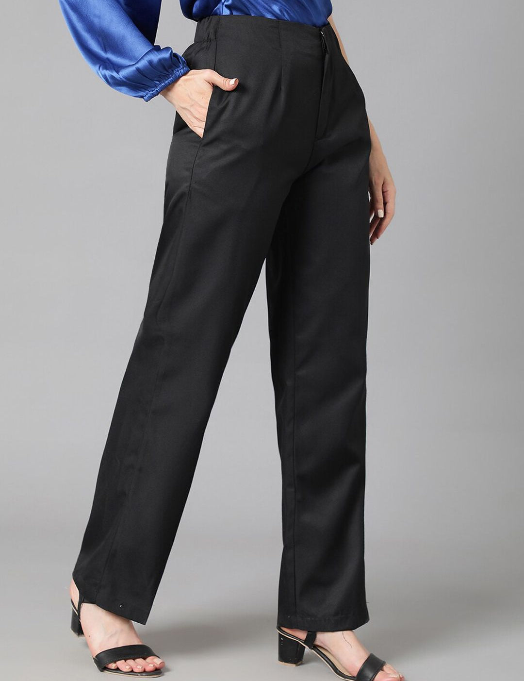 Kotty Women Black Relaxed Straight Leg Straight Fit High-Rise Easy Wash Pleated Trousers