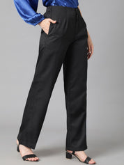 Kotty Women Black Relaxed Straight Leg Straight Fit High-Rise Easy Wash Pleated Trousers