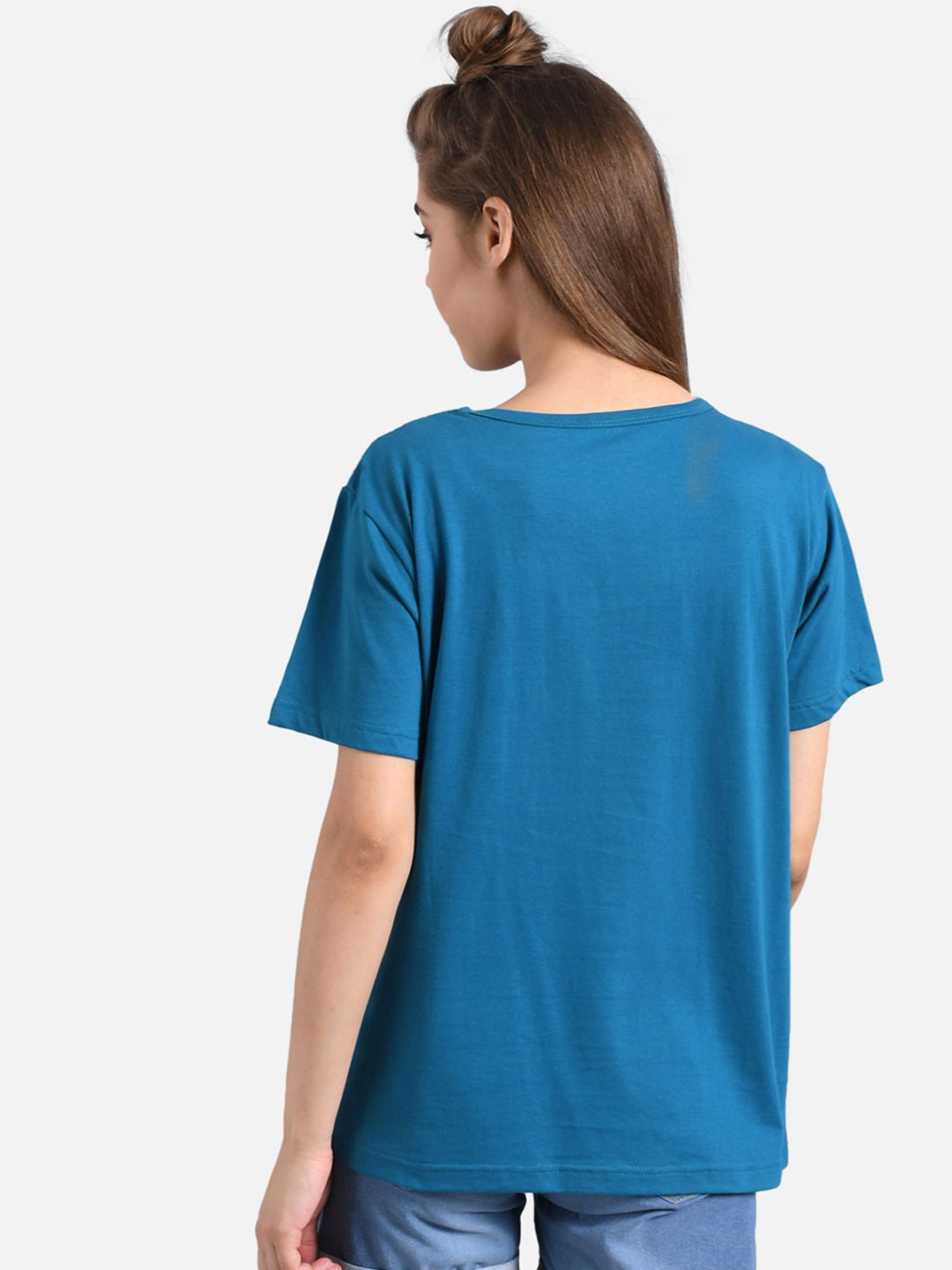 Kotty Women Blue & White Colourblocked Round Neck T-shirt