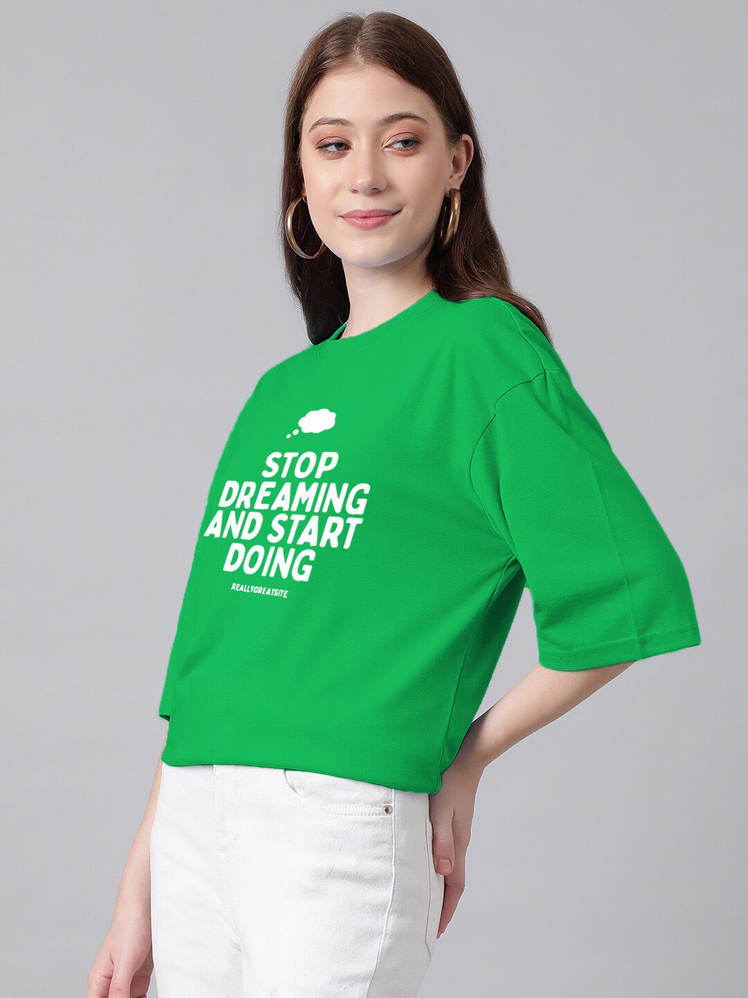 Kotty Typography Printed Round Neck Drop-Shoulder Sleeves Oversized T-shirt