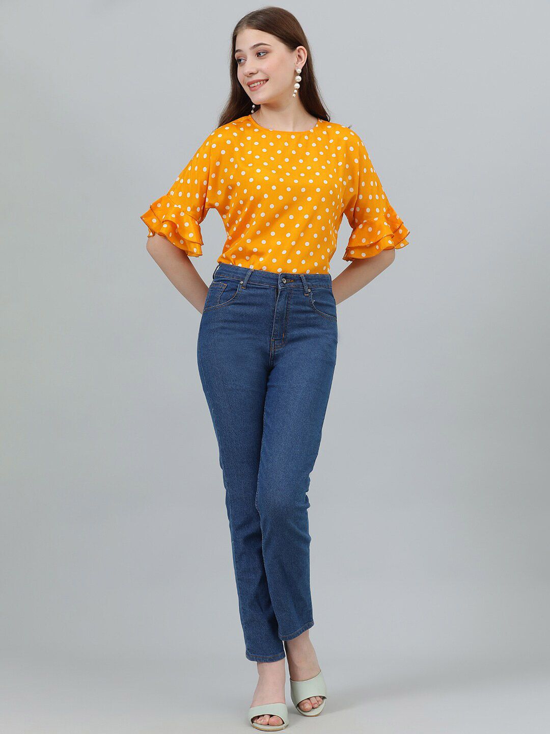 Kotty Yellow Polka Dot Print Flared Sleeve Satin Top