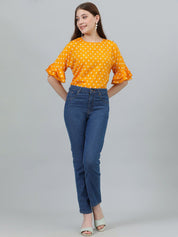 Kotty Yellow Polka Dot Print Flared Sleeve Satin Top