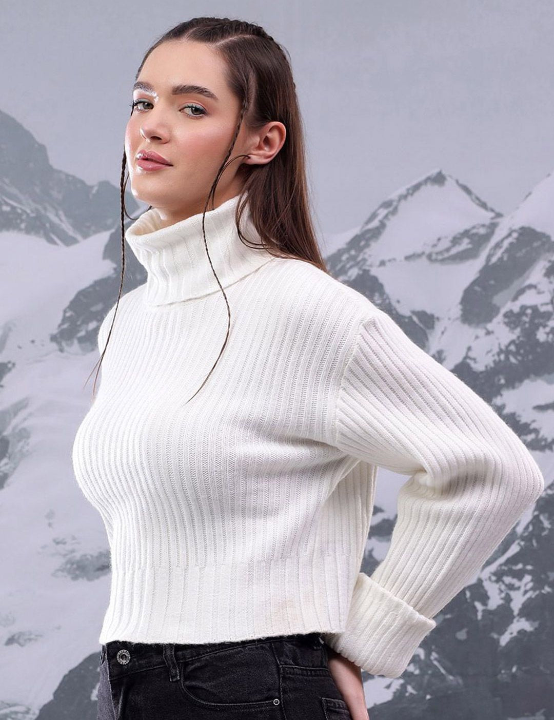 Kotty Women High Neck Striped Crop Pullover