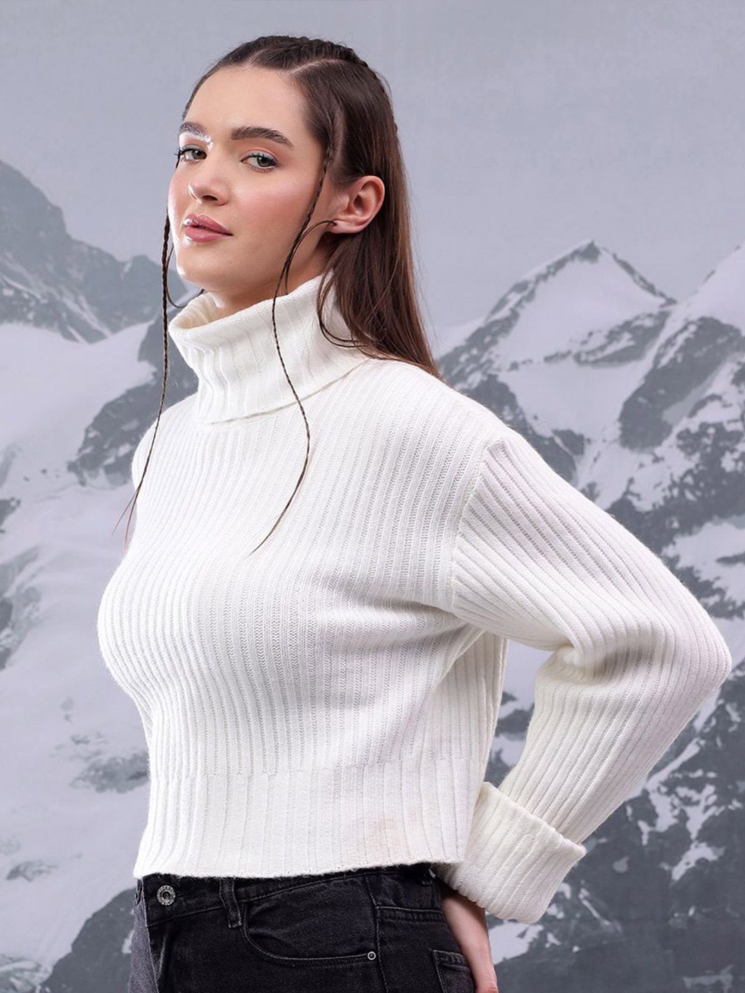 Kotty Women High Neck Striped Crop Pullover