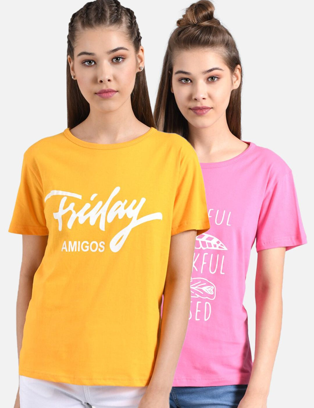 Kotty Women Pack Of 2 Yellow & Pink Printed Round Neck T-shirts