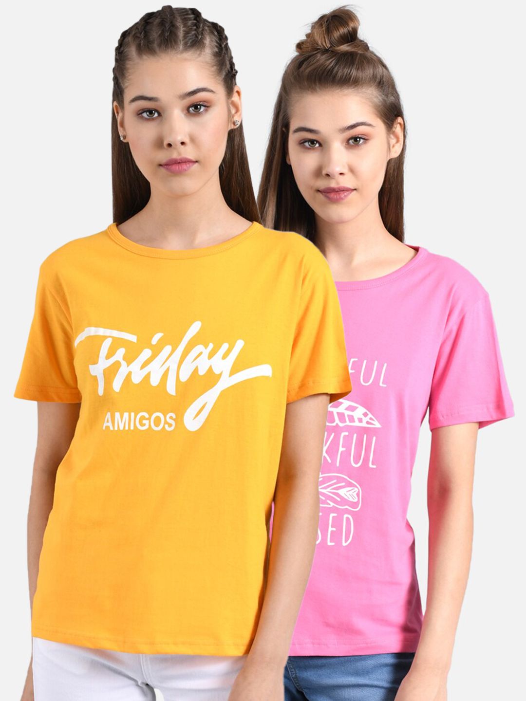 Kotty Women Pack Of 2 Yellow & Pink Printed Round Neck T-shirts