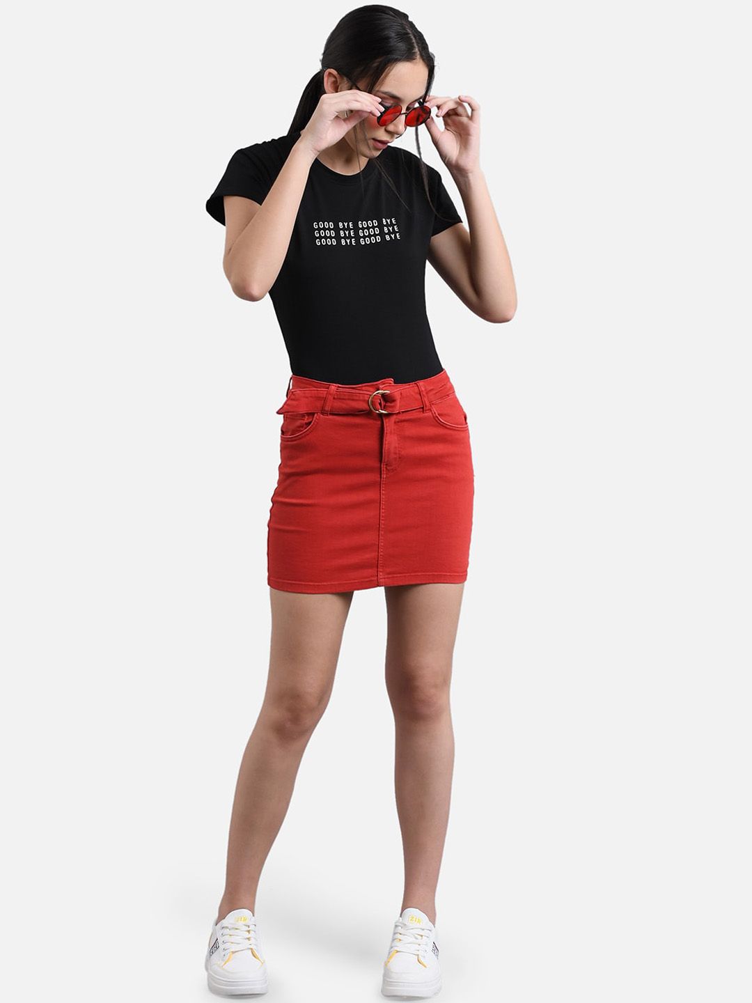 kotty Women Red Solid Mini Denim Straight Skirt