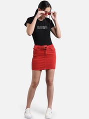kotty Women Red Solid Mini Denim Straight Skirt