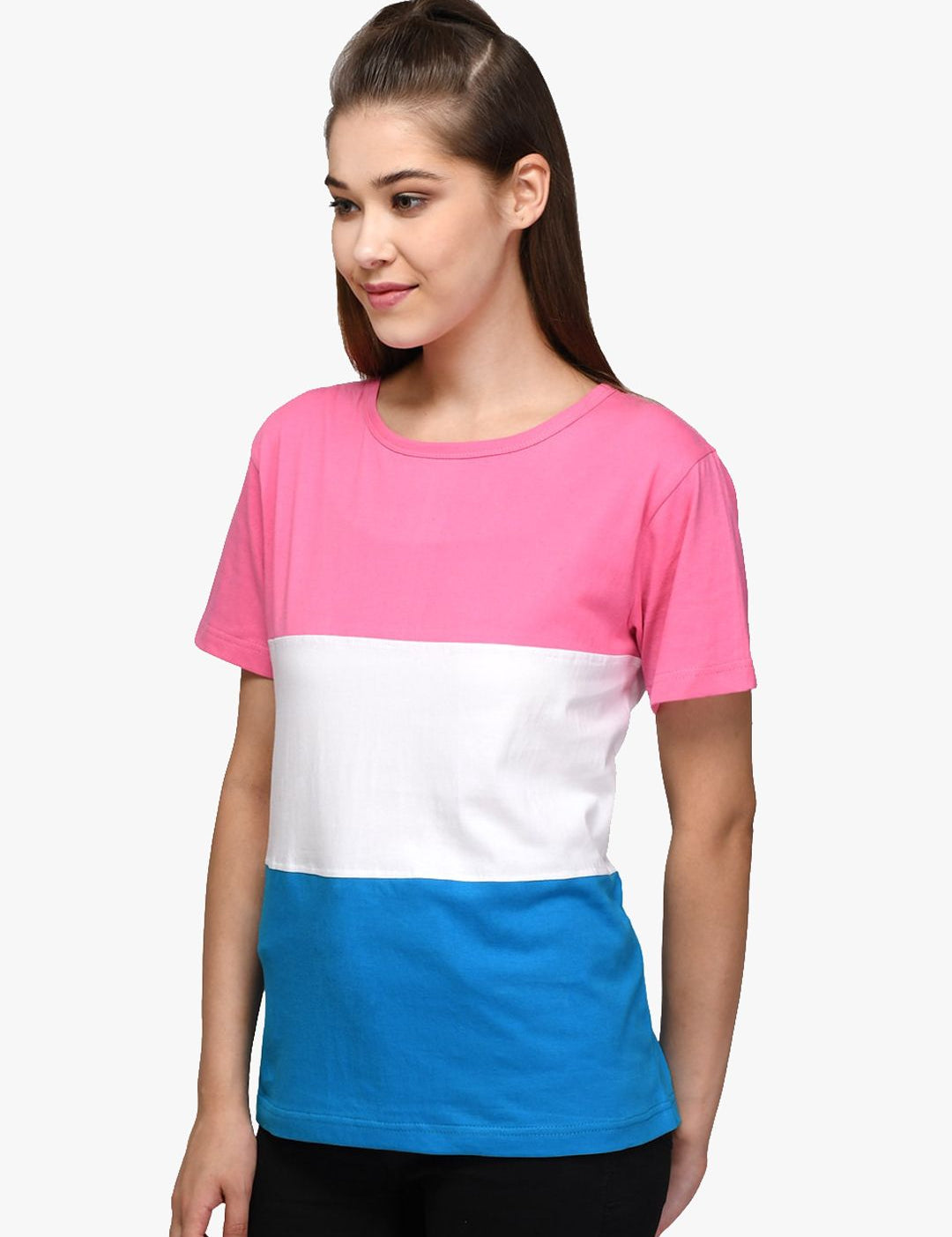 Kotty Women Pink & White Colourblocked Round Neck T-shirt